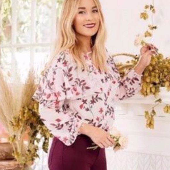 LC Lauren Conrad Top Blouse Floral Boho Peasant Long Sleeves Pink Size XXL - Picture 1 of 7